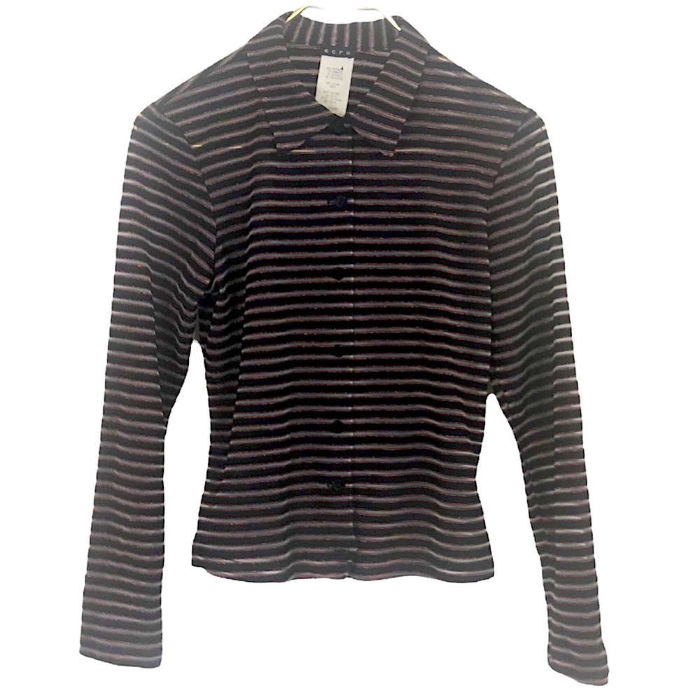 VINTAGE Y2K Sheer Metallic Red Black Striped Stretch Long Sleeve Button Up Shirt